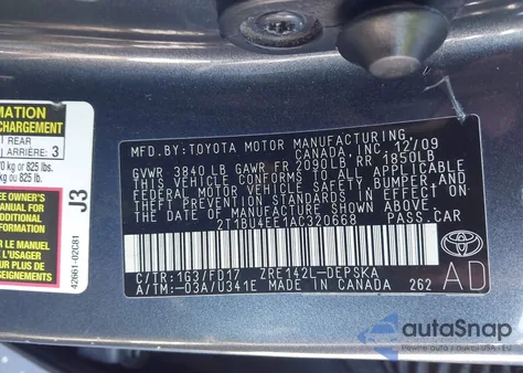 2010 Toyota Corolla S z USA, uszkodzony, nr VIN 2T1BU4EE1AC320668